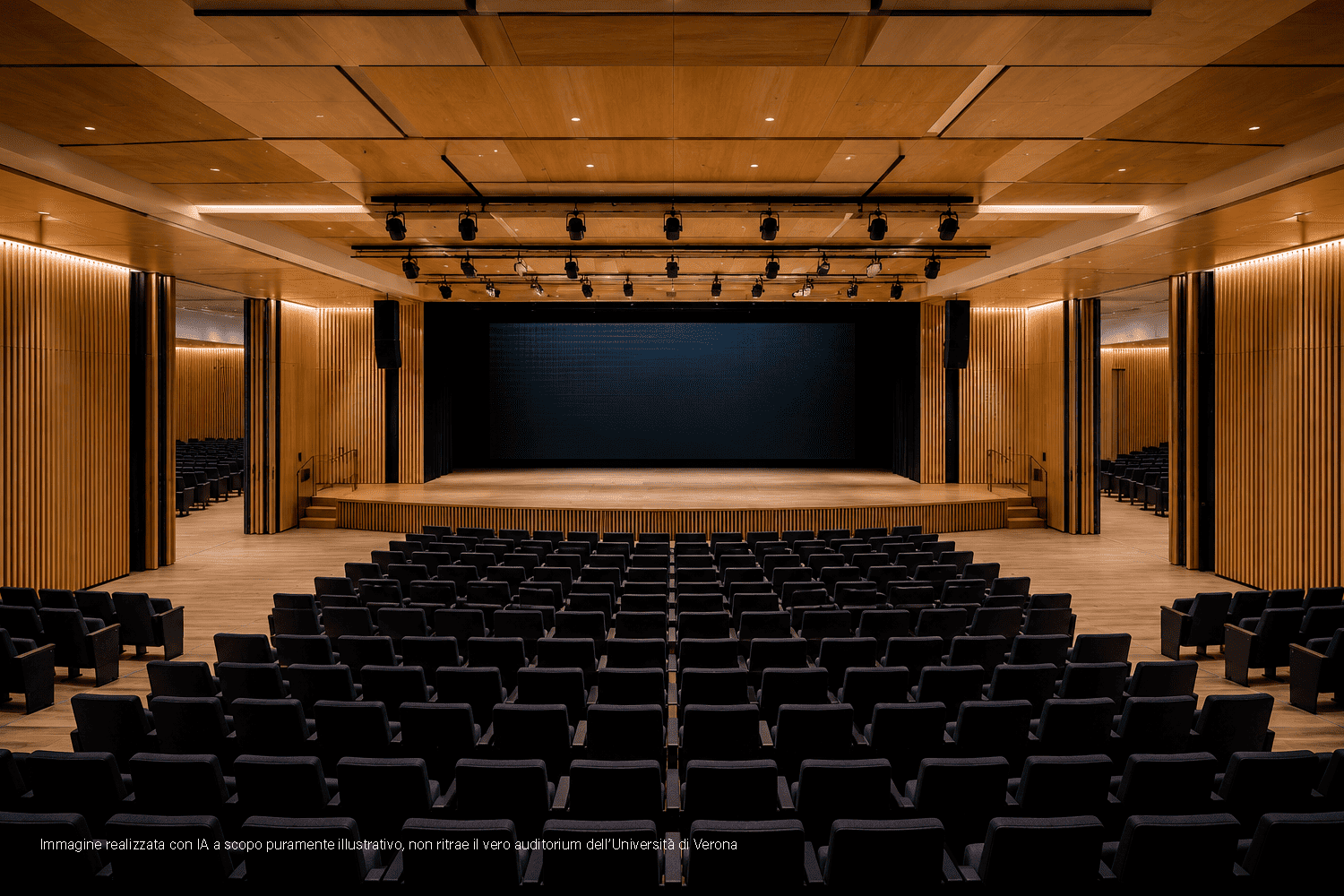 Auditorium moderno con ampio LED wall sul palco, impianto audio e illuminazione professionale, rappresentativo di una soluzione AV integrata per grandi sale universitarie e conferenze.