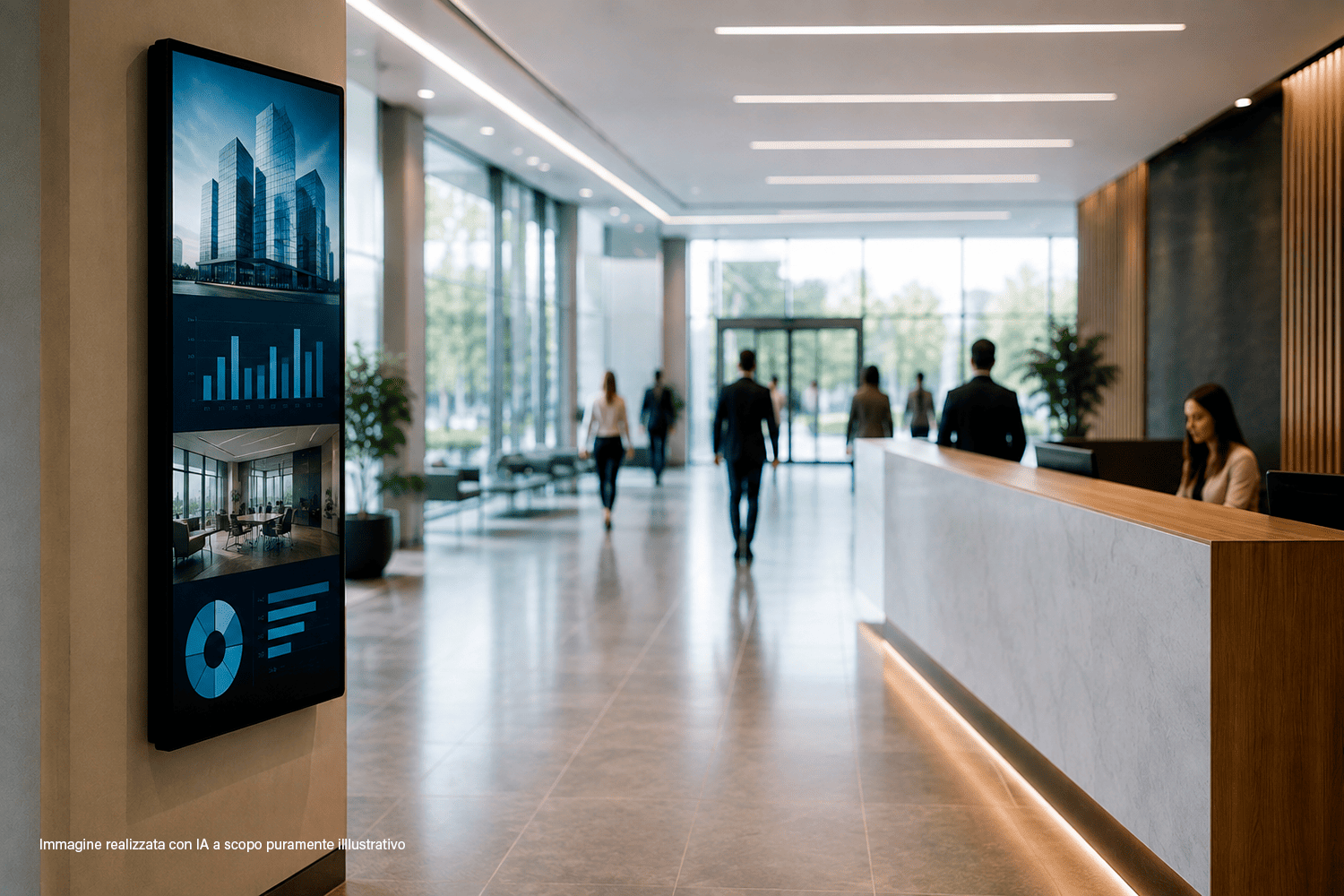 Reception aziendale moderna con display verticale per digital signage che mostra contenuti corporate, informazioni e dati, mentre dipendenti e visitatori transitano nell’ambiente.
