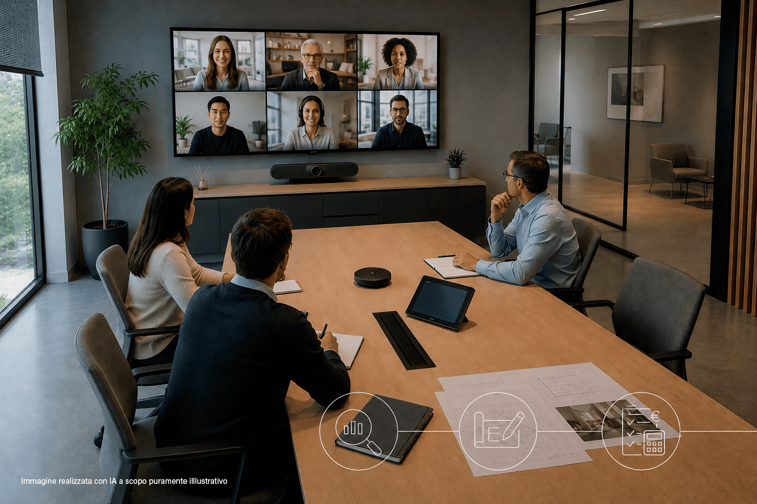Sala riunioni aziendale attrezzata per videoconferenza, con tre partecipanti in presenza, sei collegati da remoto e strumenti per analisi, progettazione e valutazione dell’investimento.