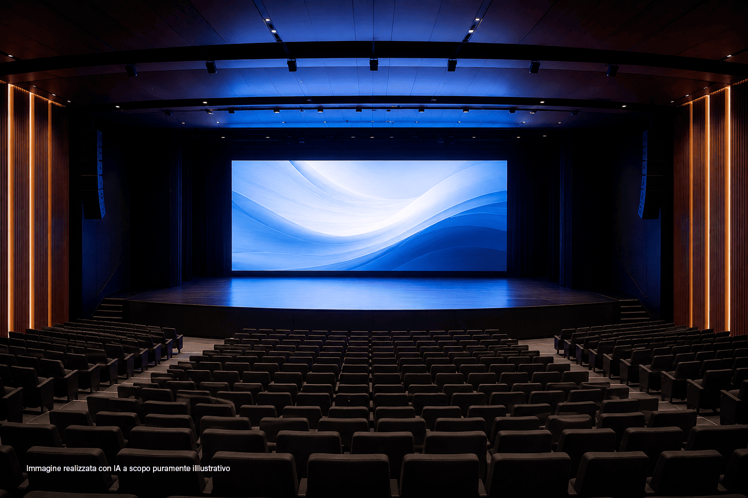 Auditorium moderno con ampio LED wall sul palco, progettato per garantire elevata visibilità dei contenuti durante conferenze, eventi e presentazioni.