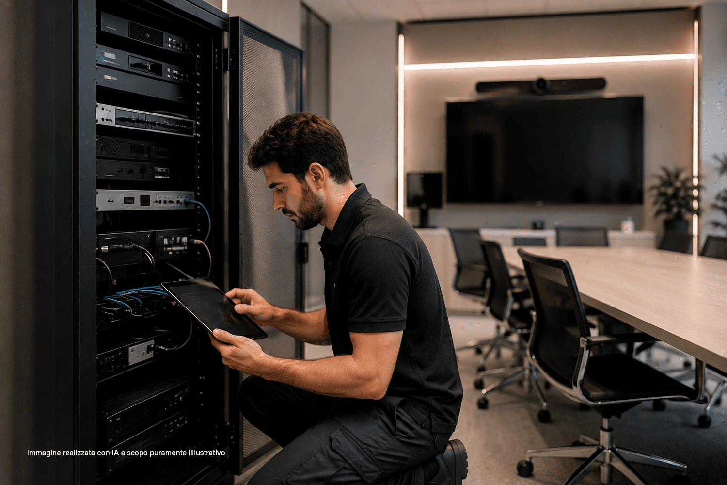 Tecnico specializzato esegue la manutenzione preventiva di un sistema audio-video professionale, verificando tramite tablet le apparecchiature installate nel rack di una sala riunioni.
