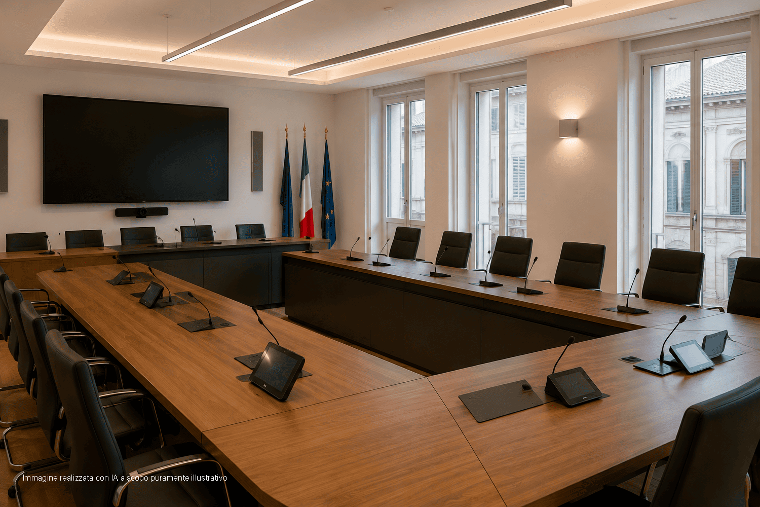 Sala riunioni della Pubblica Amministrazione con sistema audio-video integrato, display professionale, videoconferenza, microfoni e pannelli touch per la gestione delle riunioni.