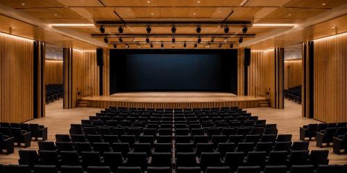Auditorium moderno con ampio LED wall sul palco, impianto audio e illuminazione professionale, rappresentativo di una soluzione AV integrata per grandi sale universitarie e conferenze.