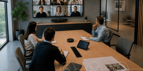 Sala riunioni aziendale attrezzata per videoconferenza, con tre partecipanti in presenza, sei collegati da remoto e strumenti per analisi, progettazione e valutazione dell’investimento.
