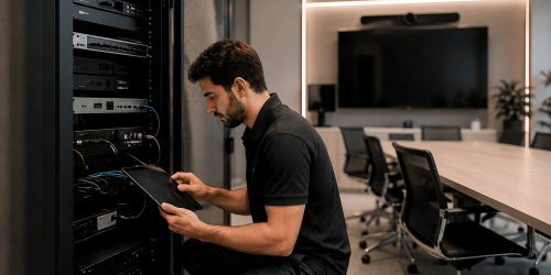 Tecnico specializzato esegue la manutenzione preventiva di un sistema audio-video professionale, verificando tramite tablet le apparecchiature installate nel rack di una sala riunioni.