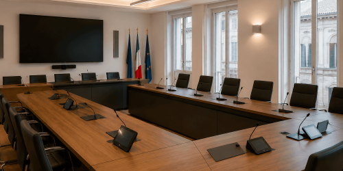 Sala riunioni della Pubblica Amministrazione con sistema audio-video integrato, display professionale, videoconferenza, microfoni e pannelli touch per la gestione delle riunioni.